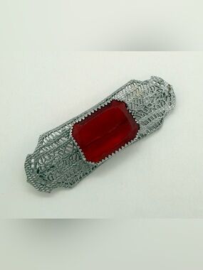 Vintage Czech Glass Ruby Red Rhinestone Stone Filigree Brooch Pin Silver Tone